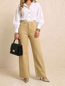 Long Button-Up Non-Stretch Loose Straight Leg Denim Jeans, Casual Versatile Everyday Wear - Khaki - View 3