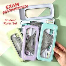 7pcs Student Geometry Drawing Set, Anti-Myopia Scale Compass, Ruler, Triangle Ruler, Protractor, Eraser, Pencil Lead, Portable Metal Storage Box, Exam And Homework Measurement Tools - Multicolor - View 1