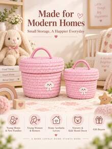 1pc Cute Woven Storage Basket For Home Lovers, Decorative Rope Organizer With Adorable Cartoon Patch Design, Handmade Storage Box With Lid For Toys, Clothes, Bedroom, Living Room Organization & Home Decor - Multicolor - View 6