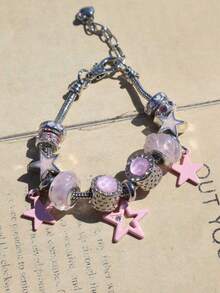 1pc Rose Red Star Charm Bracelet, Party Style Star Bracelet, Y2K Heart Star Bracelet - Pink - View 7