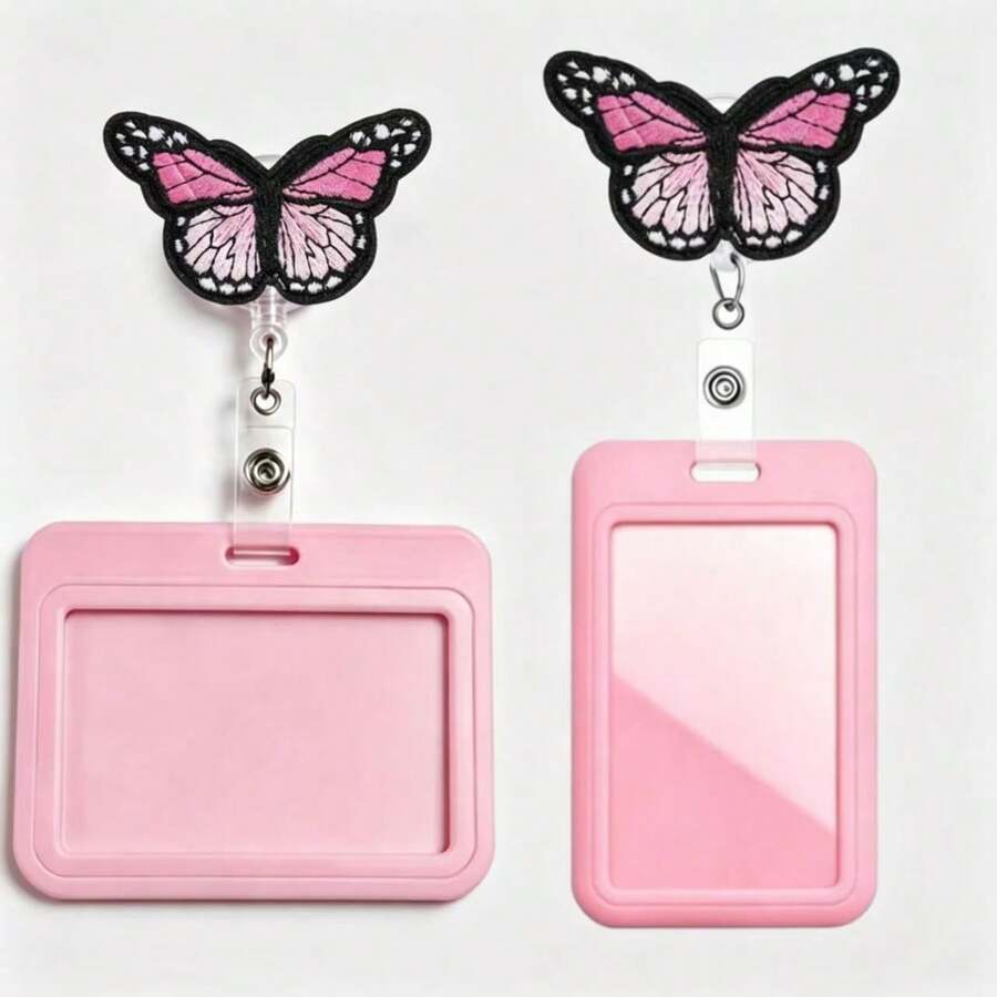 1 Set Handmade Felt Fabric Large Butterfly Design Nurse ID Badge Reel With Retractable Clip, Comes With Horizontal Slide Cover ID Card Holder, Gift For Doctors, Nurses, Teachers, Students, Office Staff - C-butterfly - View 1