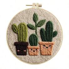 2D Flat Punch Needle Embroidery Kit For Beginners - Complete Embroidery Starter Set Including Tools And Instructions, DIY Punch Embroidery Kit, Cute Potted Plants Cactus Family Cactus Friends Cactus Embroidery Needle Beginner Handmade Kit Easy To Make Adult Holiday Gift And Decoration, Bamboo Frame Style Random - A - View 3