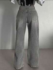 Teen Girls Loose Drapey Street Style Vintage Wide Leg Denim Jeans - Grey - View 3