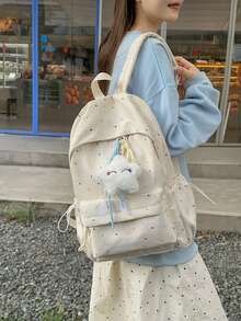 Tie-Dye Star Print Backpack For Women, Fresh Girl Style, Large Capacity Student School Bag For Middle And High School, Campus, Commuting, Travel, Shopping, Casual Backpack With Plush Star Pendant, Multiple Colors Available - A - View 3