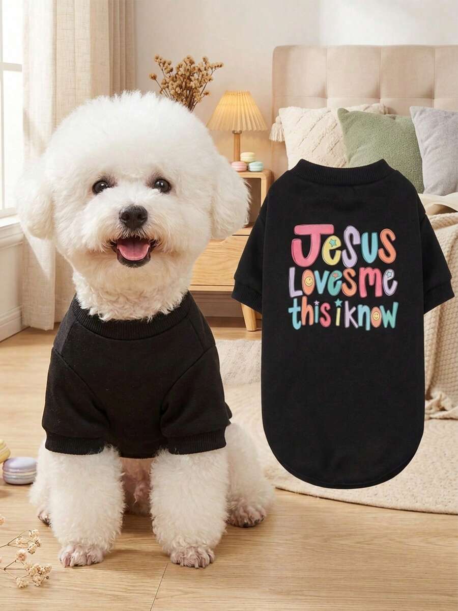 1件裝黑色寵物連帽衛衣，彩色臉部與星星字母印花「Jesus Loves Me This I Know」，休閒薄款秋冬運動衫，適合小型與中型犬，寵物衣服，適用比熊、泰迪、博美 - 黑色 - 查看 1