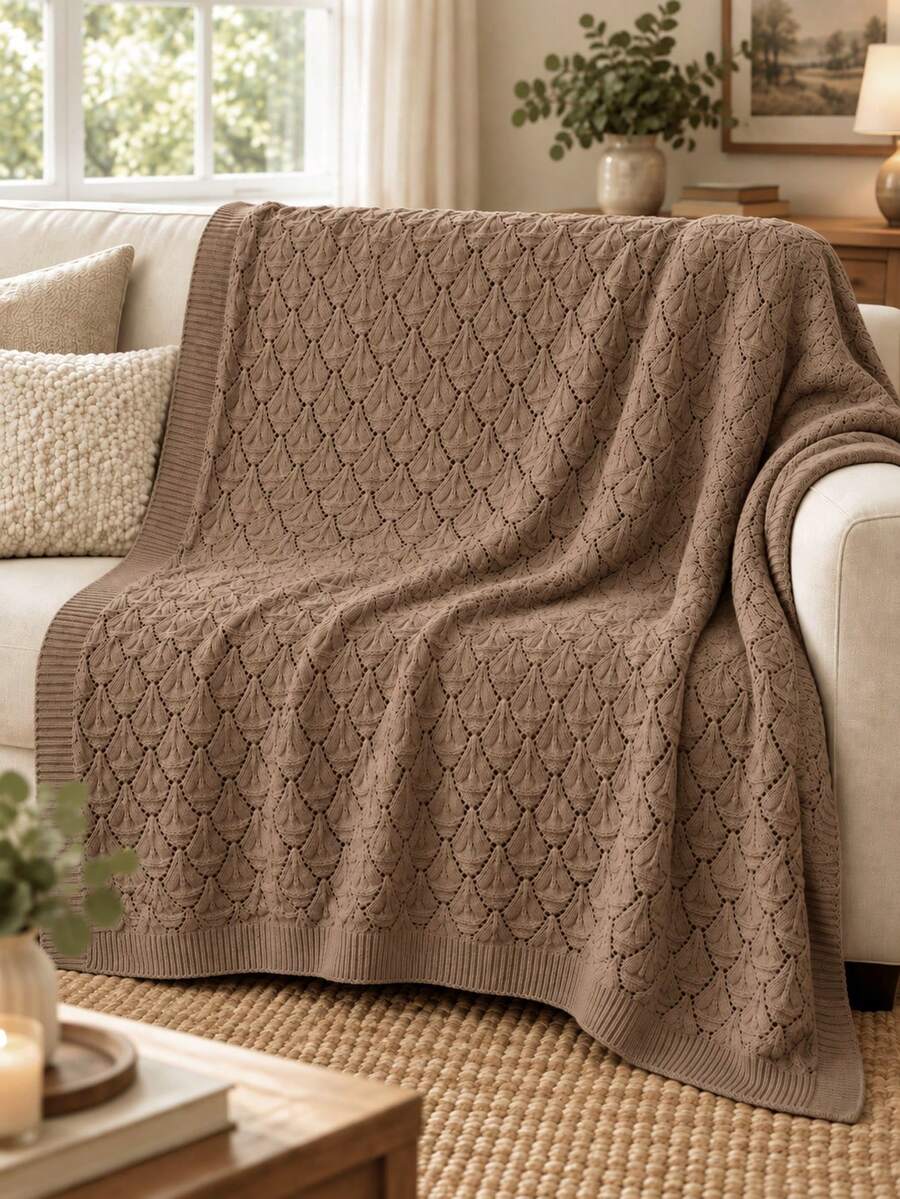 1pc Breathable Hollow Knit Throw Blanket, Soft Skin-Friendly Sofa Throw, Bedroom Bed End Blanket, Suitable For All Seasons - Coffee - View 1