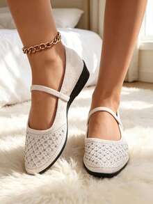 Women Rhinestone Embellished Mary Jane Wedge Heel Shoes, Single Strap Square Toe Textile Upper Soft Low Wedge Sole Casual Daily Wear Shoes - Beige - View 8