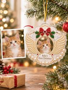 Custom DIY 3D Pearl Painting Pet Ornament, Personalized Photo Text Angel Wings Hanging Decor, My First Christmas Diamond Art Keepsake For Dog Cat Lover, Xmas Tree Decoration Gift For Family Pet Owner - Multicolor - View 7