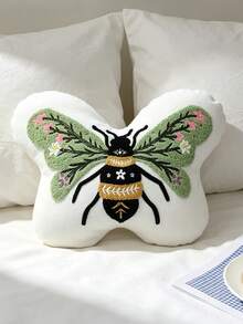 1pc Butterfly And Bee Embroidered Throw Pillow – Floral And Botanical Design – Nordic/Ins-Style Decorative Cushion For Living Room Sofas. - Green - View 1
