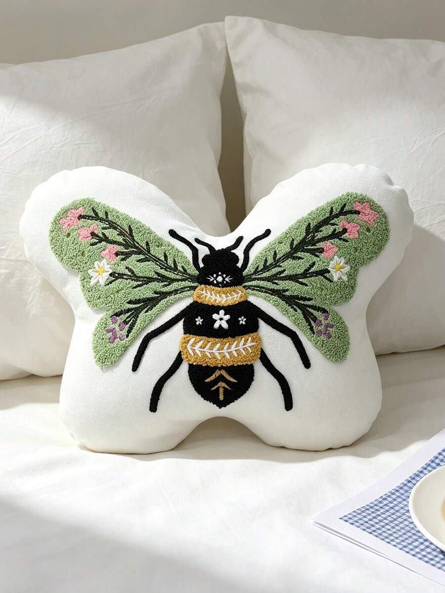 1pc Butterfly And Bee Embroidered Throw Pillow – Floral And Botanical Design – Nordic/Ins-Style Decorative Cushion For Living Room Sofas. - Green - View 1