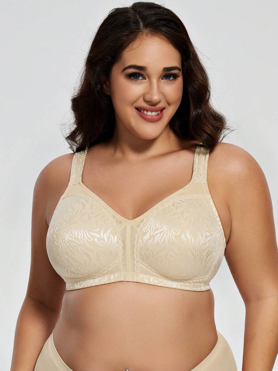 Deyllo Plus Size Women Shaping Bra, Full Coverage, Wireless, Unpadded, Wide Straps, Lace Trim, Effectively Minimizes Bust, Soft & Comfortable, Suitable For Daily Wear - Apricot - View 1