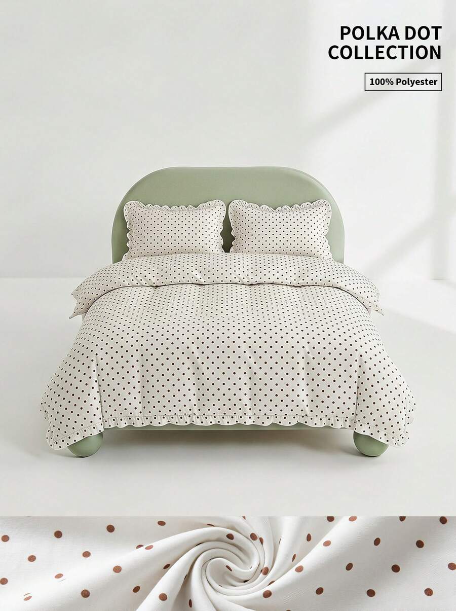 Veyra Day 3pcs Ruffled Duvet Cover Set - Soft Polyester Polka Dot Bedding Set, Aesthetic Cottagecore Dot Quilt Cover With Ruffle Fringe Trim, 1 Duvet Cover + 2 Pillowcases (No Sheet & No Insert) - Blue - View 1
