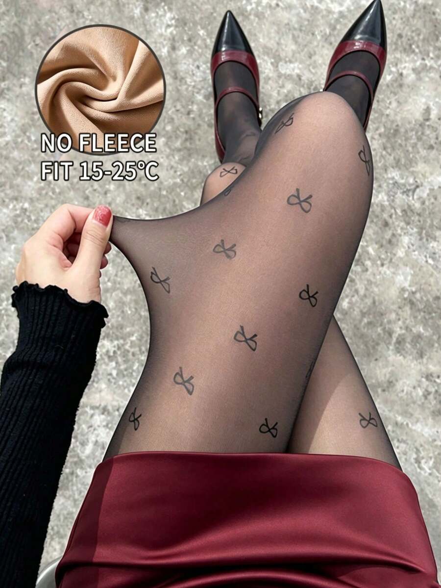 1 Pair 80g Women's Bowknot Printed Black Sheer Tights, Non-Fleece Thin Stockings, Soft High Elasticity Skin-Friendly, Minimalist Small Bowknot Pattern, Wearable In 15-25℃, Versatile Daily Women's Base Tights - Black - View 1