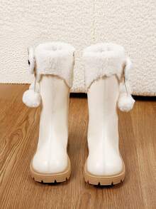 Girls' Tall Boots, Autumn/Winter New Thermal Lined Snow Boots With Bow, Warm Long Boots With Side Zipper, Fashion Riding Boots For Kids - Beige - View 3