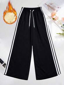 Women's Fleece Lined Wide Leg Outdoor Trousers, Contrast Side Stripe Drawstring Pants - Black - View 7
