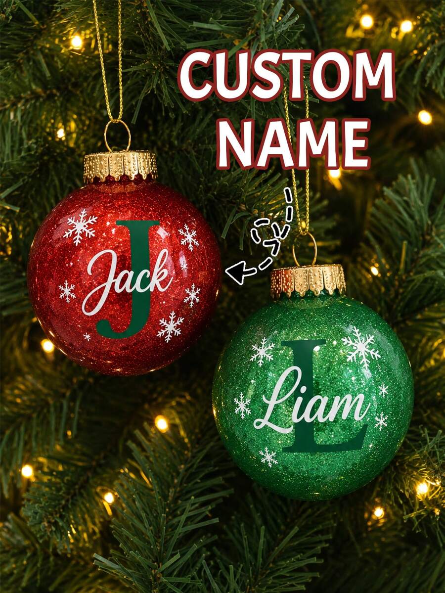 Custom Initial Christmas Ball Ornament, Personalized Holiday Tree Hanging Decor, Sparkly Red Green Bauble, Customized Name Family Keepsake Gift, Customizable Xmas Ornament For Home, Party & Gift Giving, Christmas Decorations, Merry Christmas, Family - Style D - View 1