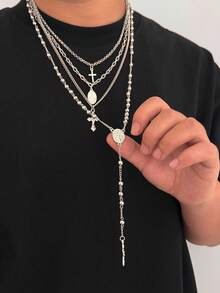 4pcs/Set Multi-Layer Gold Cross & Virgin Mary Round Pendant Men's Necklace, Vintage Y-Shaped Tassel Bead Chain Layered Necklaces, Versatile Accessory For Sweaters & Coats In Autumn/Winter, Gift - 4pcs - View 12