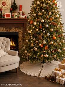 60cm/90cm Beige Farmhouse Style Christmas Tree Skirt With Ruffled Edge, Lace Bow Tree Collar Pad, Rustic Vintage Holiday Tree Base Decor Cover, Christmas Home Decoration - Apricot - View 9