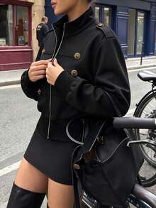 Autumn/Winter Solid Color Metal Buckle Epaulette Stand Collar Long Sleeve Cropped Slim Fit Utility Jacket, Daily Commute Vintage Outerwear Autumn Fashion - Black - View 4