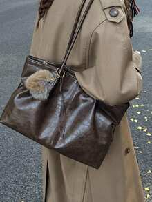 Tote Bag With Pom Pom Charm Decoration, Long Handle With Vertical Stitching Design, Vintage Maillard Style Tote Bag, Large Capacity Soft Draping Storage, Versatile Women's Shoulder Bag For Daily Commute And Travel - Coffee - View 4