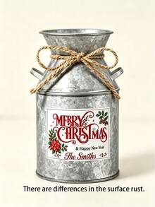 Christmas Vintage Metal Can Vase, Distressed Galvanized Flower Bucket With Rope Handle, Merry Christmas Printed Decorative Water Pitcher, Rustic Farmhouse Style Tabletop Centerpiece, Christmas Floral Arrangement Container, Home Decor - A - View 8