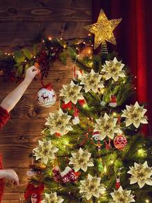 10/18pcs Artificial Shiny Christmas Flower Set, Includes 8 Christmas Flowers And 8 Clips, Easy Installation & Maintenance Free, Suitable For Wedding Celebration, Christmas Tree, Wreath And Decoration - Christmas Flower Set - View 9