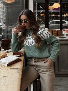 NOVELLE Women Elegant Casual Retro Fair Isle Green Knit Sweater, Pullover Top For Autumn Winter, Date Party Daily Commute Street Gathering Wear - Green - View 1