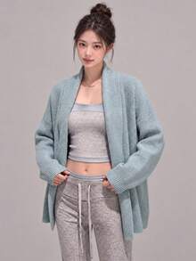 Women's Winter Casual Minimalist Elegant Premium Knit Cardigan Sweater Jacket - Blue - View 1