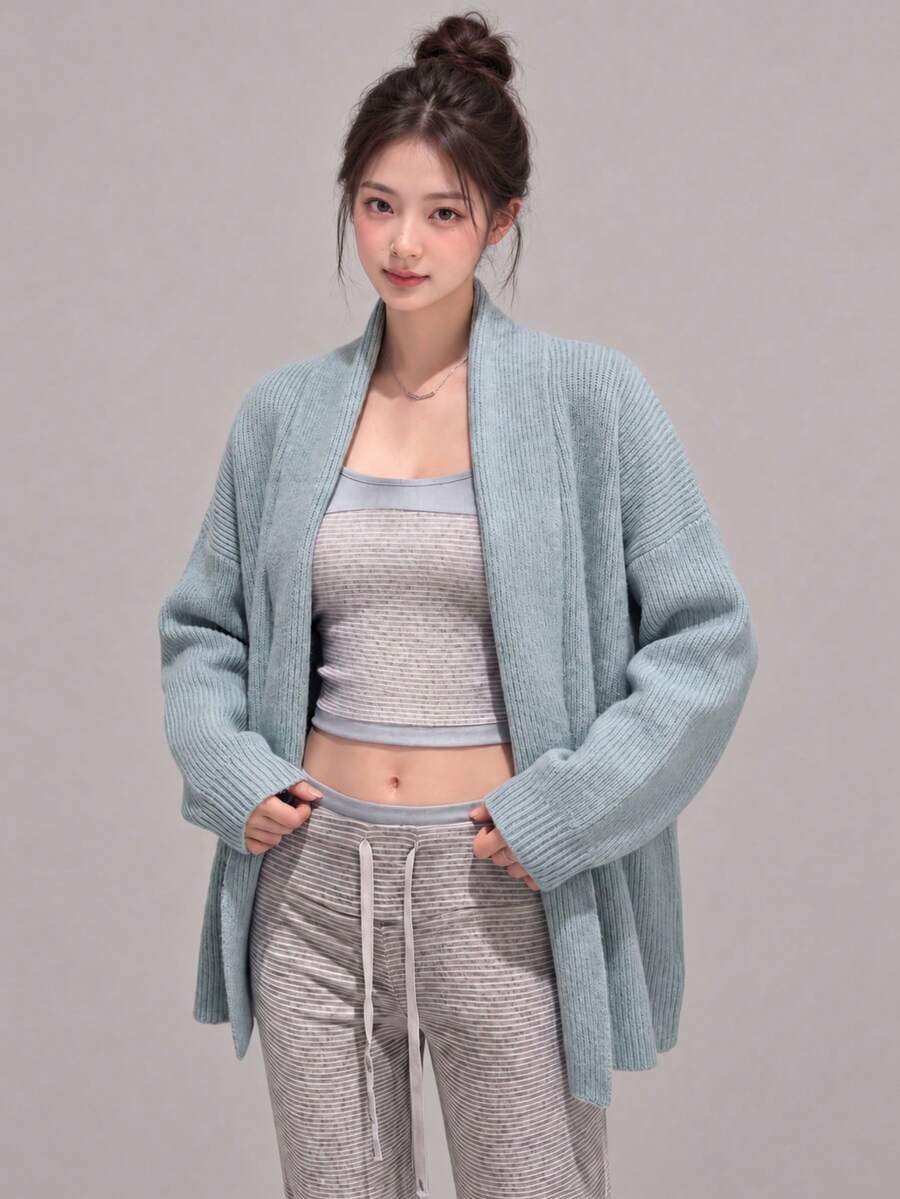 Women's Winter Casual Minimalist Elegant Premium Knit Cardigan Sweater Jacket - Blue - View 1