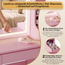 Devoko Modern Dressing Table With LED Mirror, 3 Light Colors And Dimmable Brightness, Vanity Table With 7 Drawers, Open Shelves And Optional Stool, Dressing Cabinet For Bedroom, White/Black/Pink/Vintage - Pink - View 8