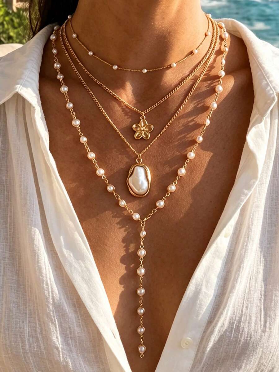 4pcs Simple Fashion Faux Pearl Flower Long Necklace Y-Shaped Chain Necklace Set For Women, Sisters, Holiday, Vacation, Party, Date, Gift, Daily Commute, Personalized Matching (Bead Quantity Random) - Yellow Gold - View 1