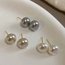 French Style Flat Round Pearl Stud Earrings, Sweet Fashion Jewelry Romantic Gift For Women And Girls - Multicolor - View 4
