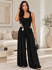 ChicMe Women 2 Pieces Outfits Sleeveless Slim Fit Bodysuit With Rhinestone High Waist Ruched Wide Leg Pants Set Tracksuit Clubwear - Black - View 5