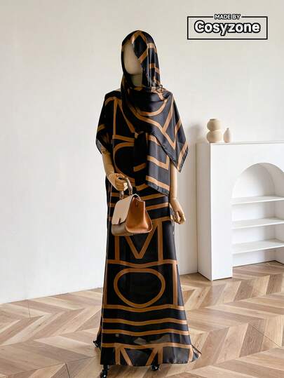 1 Set Faux Silk Minimalist Elegant Pattern Printed Robe Set For Women Beach Sun Protection Pullover Shawl With Satin Scarf, Perfect For Layering And Daily Wear