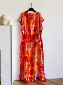 1 Set Faux Silk Minimalist Elegant Pattern Printed Robe Set For Women Beach Sun Protection Pullover Shawl With Satin Scarf, Perfect For Layering And Daily Wear - Multicolor - View 4