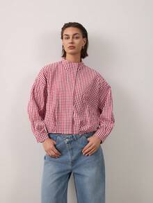 Women's Plaid Stand Collar Long Sleeve Flight Jacket - Red - View 1