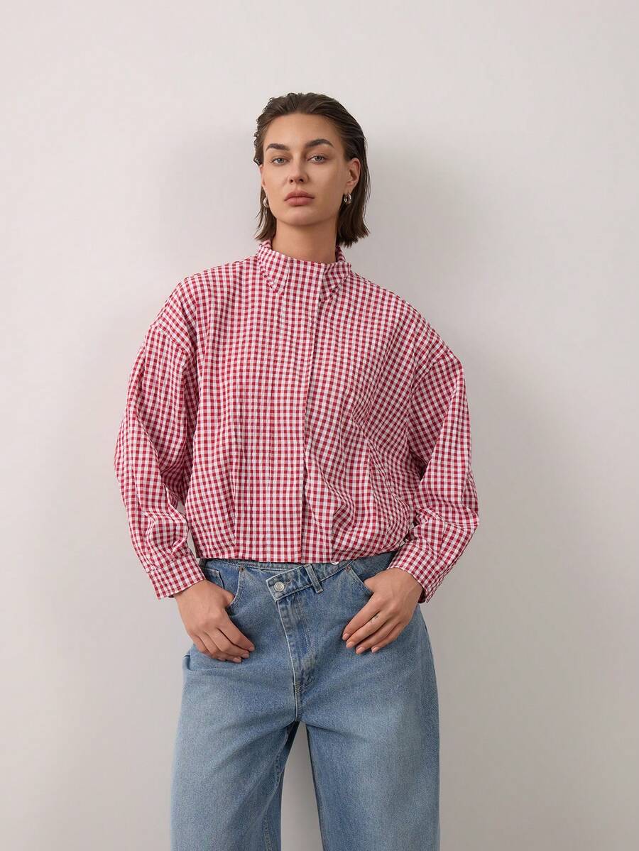 Women's Plaid Stand Collar Long Sleeve Flight Jacket - Red - View 1