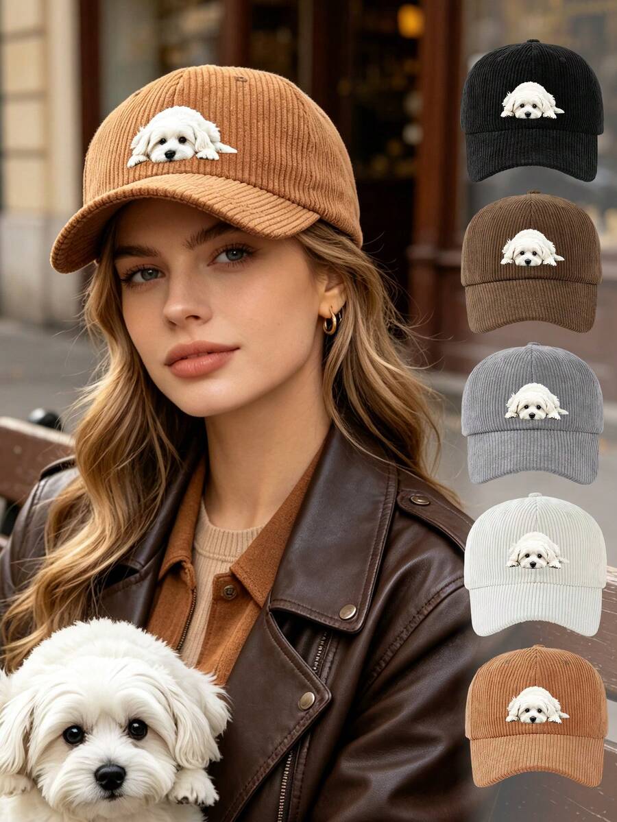 1pc Corduroy Baseball Cap With Cute Dog Patch, Vintage Y2K Adjustable Dad Hat, Personalized Pet Lover Style, Suitable For Daily Commute, Travel, Dog Walking
