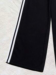 Women's Fleece Lined Wide Leg Outdoor Trousers, Contrast Side Stripe Drawstring Pants - Black - View 6
