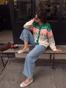 Women's Colorblock Jacquard Fuzzy Cardigan, 3D Floral Button Long Sleeve Knit Sweater, Christmas Holiday Style - Green - View 6