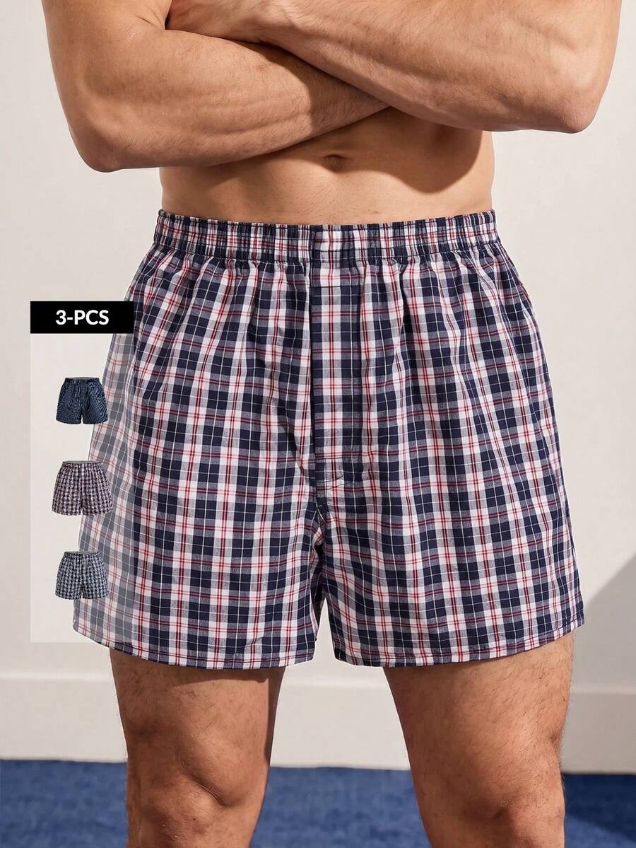 VeloEdit 3条装随机颜色男士印花休闲平角内裤,舒适睡衣 - 彩色 - 查看 1