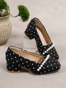 Shu Rui Fashion Pearl Embellished Girls' High-Heeled Shoes, Polka Dot Print Small Square-Toe Slip-On Shoes, Daily And Banquet Princess Shoes - Black - View 2