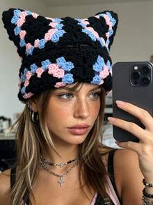 1pc Women's Handmade Y2K Cat Ear Knitted Hat, Cool Punk Style Handmade Hat, Suitable For Daily Street Wear And Parties - Multicolor - View 2