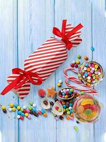 Red And White Striped Party Cracker Gift Box, Elegant Gift Box With Ribbon Tie, Christmas Wedding Birthday Gift Packaging Supplies, Holiday Design, Durable Structure, Packaging Box, Birthday DIY Handmade, Suitable For Christmas, Valentine's Day - Multicolor - View 3
