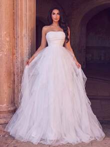 Elegant Strapless Formal Dress, Ruched Mesh Bodice, Long Flowing Skirt, Suitable For Special Occasions - White - View 4