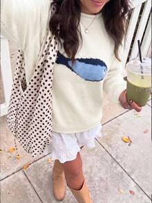 Women's Cute Casual Y2K Fish Pattern Loose Long Sleeve Knit Pullover Sweater Top, Vacation And Back To School White Fall - White - View 3