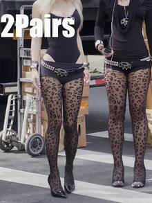 1 Pair Leopard Print Sheer Black Pantyhose, High Elasticity Nylon Material, Sexy Wild Y2K Style, Essential For Clubs And Dates - Multicolor - View 16