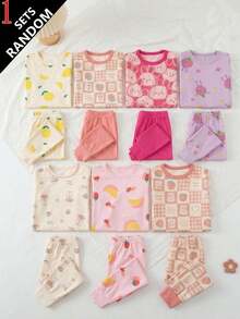 7 Sets 1 Set Random Girls Cartoon Underwear Set Cute Printed Medium Thick Long Sleeve Long Pants Loungewear Set Printed Autumn Top And Bottom - Multicolor - View 1