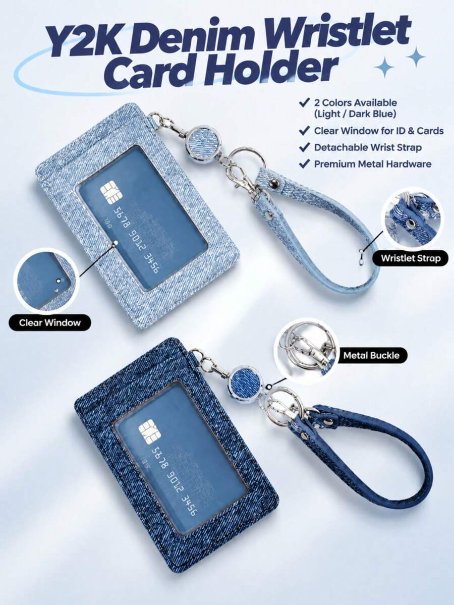 Business Casual Blue Denim Texture Transparent Window ID Badge Holder With Wrist Strap, Portable PU Leather Card Holder, Women's Style