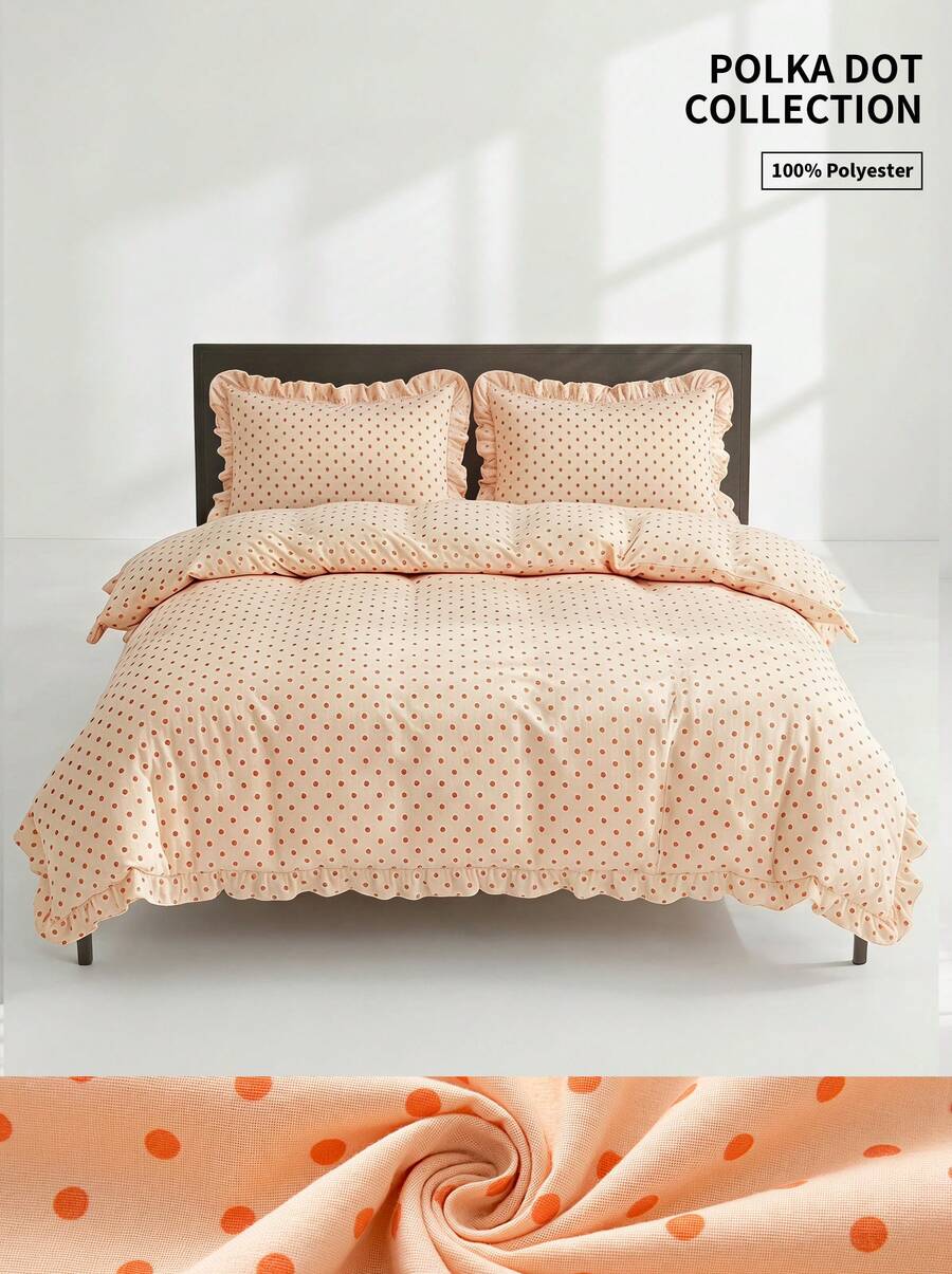 Veyra Day 3pcs Ruffled Duvet Cover Set - Soft Polyester Polka Dot Bedding Set, Aesthetic Cottagecore Dot Quilt Cover With Ruffle Hem, 1 Duvet Cover + 2 Pillowcases (No Sheet & No Insert) - Light Yellow - View 1